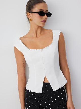 Linen-blend Scoop Neck Lace Trim Short Sleeve Blouse