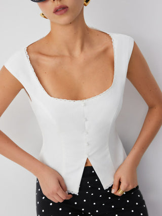Linen-blend Scoop Neck Lace Trim Short Sleeve Blouse