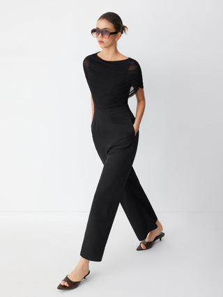 Mesh Boat Neck Ruched Mid Rise Straight Leg Jumpsuit