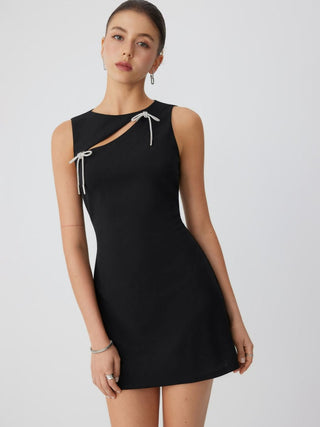 Boat Neck Cut Out Rhinestone Bowknot A-line Mini Dress