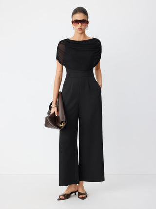 Mesh Boat Neck Ruched Mid Rise Straight Leg Jumpsuit