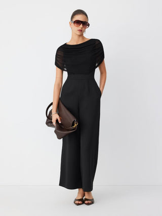 Mesh Boat Neck Ruched Mid Rise Straight Leg Jumpsuit