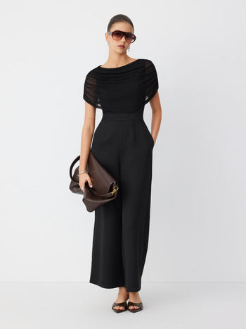 Mesh Boat Neck Ruched Mid Rise Straight Leg Jumpsuit