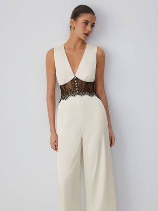 Satin V-neck Lace Panel Mid Rise Wide Leg Pocket Jumpsuit
