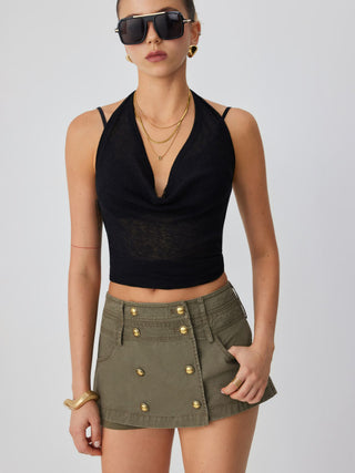 Cotton-blend Low Rise Metal Detail Button A-line Mini Skort