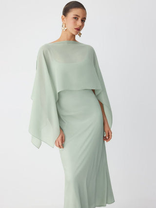 Satin Off-shoulder Cloak Sleeve Wrap Mermaid Maxi Dress