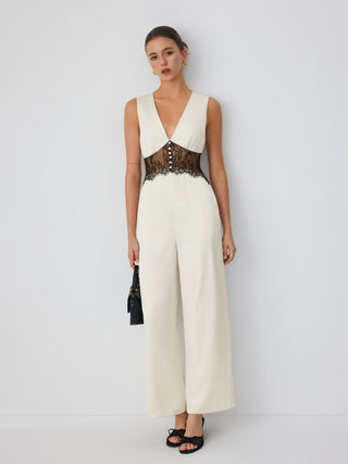 Satin V-neck Lace Panel Mid Rise Wide Leg Pocket Jumpsuit