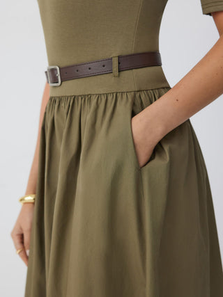 Cotton-blend Scoop Neckline Short Sleeve Pocket A-line Maxi Dress With Belt