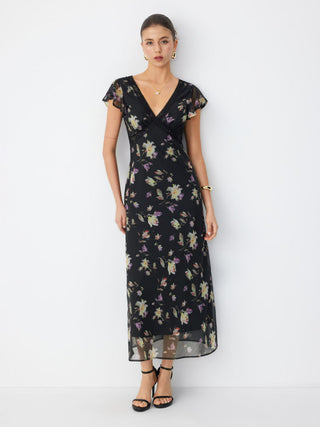 Chiffon Floral V-neck Ruffle Sleeve Lace Trim A-line Maxi Dress