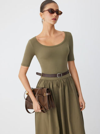 Cotton-blend Scoop Neckline Short Sleeve Pocket A-line Maxi Dress With Belt