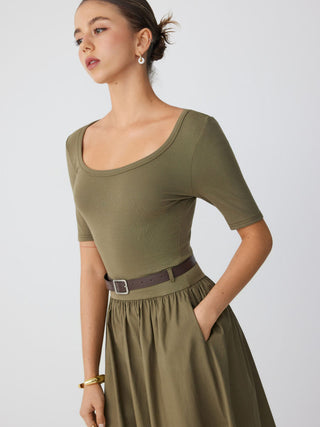 Cotton-blend Scoop Neckline Short Sleeve Pocket A-line Maxi Dress With Belt