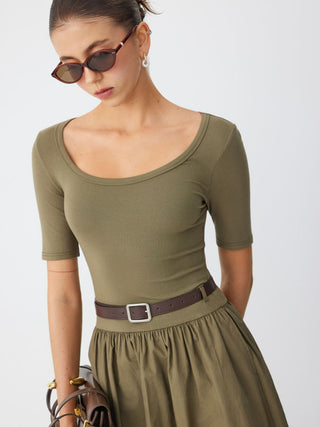 Cotton-blend Scoop Neckline Short Sleeve Pocket A-line Maxi Dress With Belt