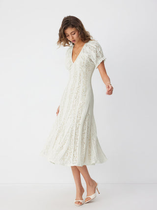 Lace V-neck Ruffle Sleeve Ruched Flared Maxi Dress
