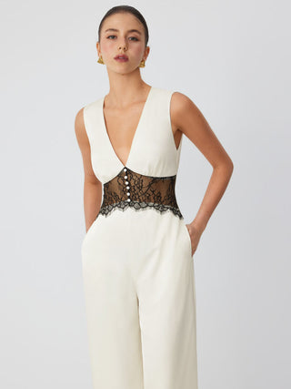 Satin V-neck Lace Panel Mid Rise Wide Leg Pocket Jumpsuit