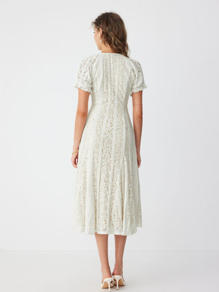 Lace V-neck Ruffle Sleeve Ruched Flared Maxi Dress