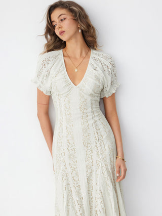 Lace V-neck Ruffle Sleeve Ruched Flared Maxi Dress