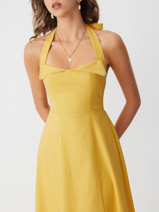 Linen-blend Halter Neckline Flared Maxi Dress