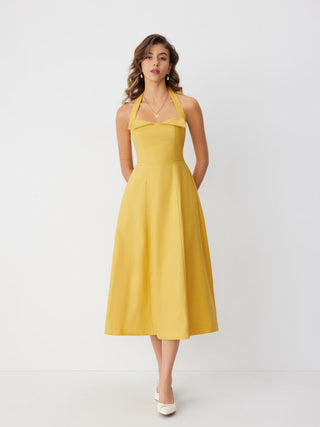 Linen-blend Halter Neckline Flared Maxi Dress