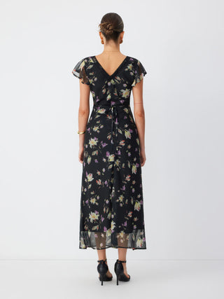 Chiffon Floral V-neck Ruffle Sleeve Lace Trim A-line Maxi Dress