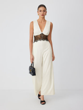 Satin V-neck Lace Panel Mid Rise Wide Leg Pocket Jumpsuit