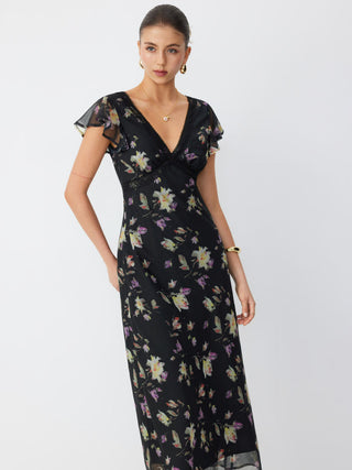 Chiffon Floral V-neck Ruffle Sleeve Lace Trim A-line Maxi Dress