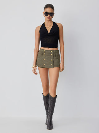 Cotton-blend Low Rise Metal Detail Button A-line Mini Skort