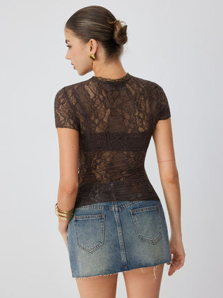 Lace Sheer Lettuce Trim Short Sleeve Tee