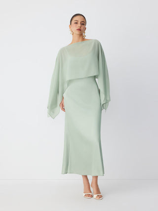 Satin Off-shoulder Cloak Sleeve Wrap Mermaid Maxi Dress