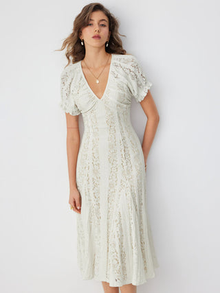 Lace V-neck Ruffle Sleeve Ruched Flared Maxi Dress