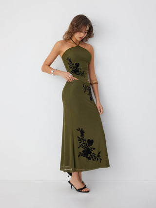 Mesh Floral Applique Halter Top & Mid Rise Maxi Skirt Set