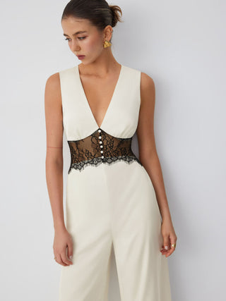 Satin V-neck Lace Panel Mid Rise Wide Leg Pocket Jumpsuit