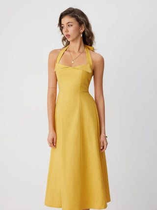 Linen-blend Halter Neckline Flared Maxi Dress