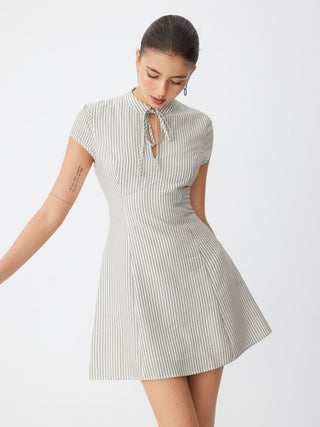 Mandarin Collar Stripe Short Dress