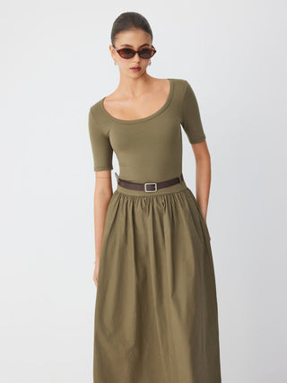 Cotton-blend Scoop Neckline Short Sleeve Pocket A-line Maxi Dress With Belt