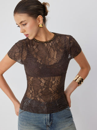 Lace Sheer Lettuce Trim Short Sleeve Tee
