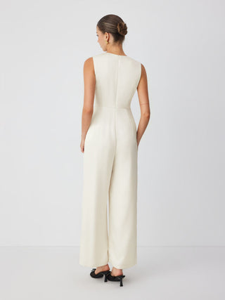 Satin V-neck Lace Panel Mid Rise Wide Leg Pocket Jumpsuit