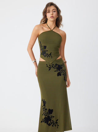Mesh Floral Applique Halter Top & Mid Rise Maxi Skirt Set
