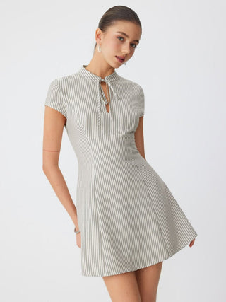 Mandarin Collar Stripe Short Dress
