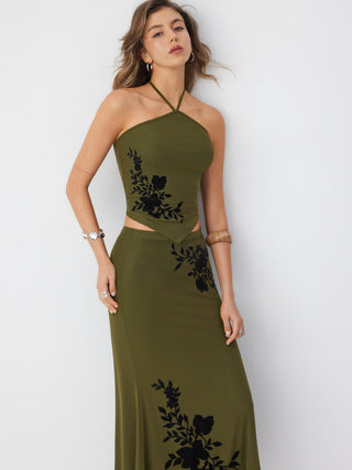 Mesh Floral Applique Halter Top & Mid Rise Maxi Skirt Set