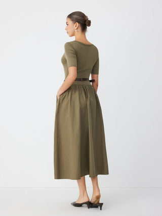 Cotton-blend Scoop Neckline Short Sleeve Pocket A-line Maxi Dress With Belt