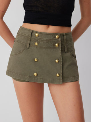 Cotton-blend Low Rise Metal Detail Button A-line Mini Skort