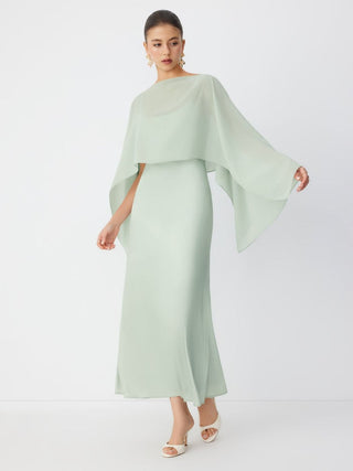 Satin Off-shoulder Cloak Sleeve Wrap Mermaid Maxi Dress