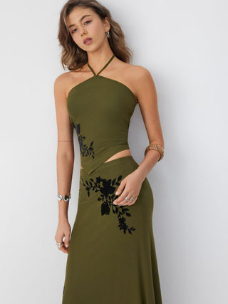 Mesh Floral Applique Halter Top & Mid Rise Maxi Skirt Set