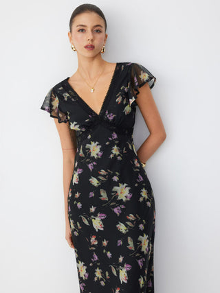 Chiffon Floral V-neck Ruffle Sleeve Lace Trim A-line Maxi Dress