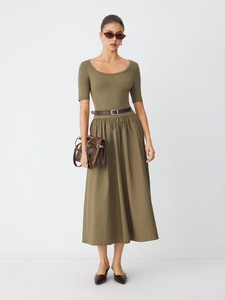 Cotton-blend Scoop Neckline Short Sleeve Pocket A-line Maxi Dress With Belt