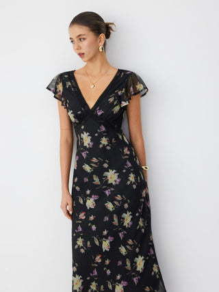 Chiffon Floral V-neck Ruffle Sleeve Lace Trim A-line Maxi Dress