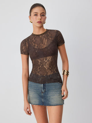 Lace Sheer Lettuce Trim Short Sleeve Tee