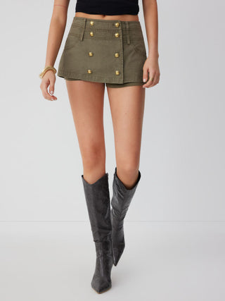 Cotton-blend Low Rise Metal Detail Button A-line Mini Skort