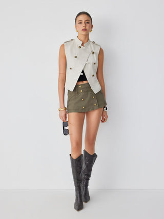 Cotton-blend Low Rise Metal Detail Button A-line Mini Skort