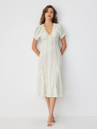 Lace V-neck Ruffle Sleeve Ruched Flared Maxi Dress
